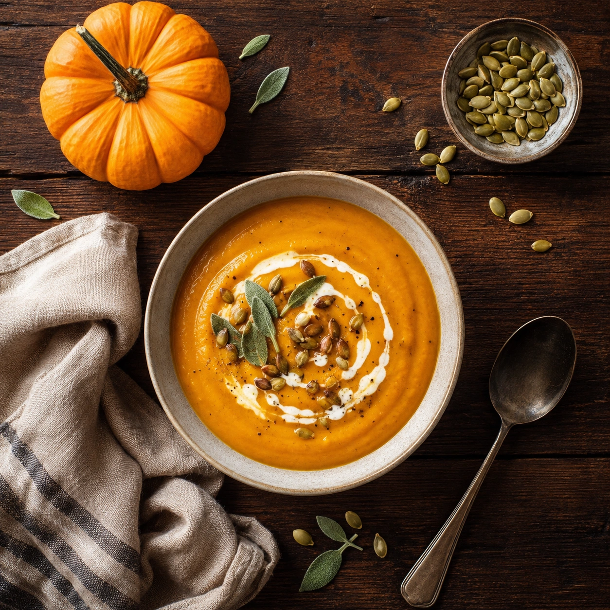 Flat lay of pumpkin soup with toasted seeds and toppings